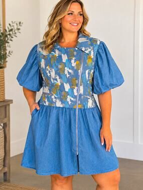 For Her Blue Denim Abstract Zip Front Puff Sleeve Maxi Dress Pockets XL